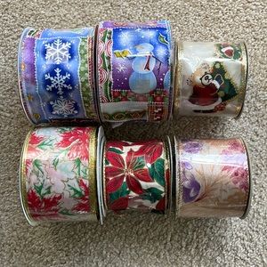 Lot of 6 Rolls of Vintage Christmas Wired Wire Ribbon Snowman Poinsettia Bear